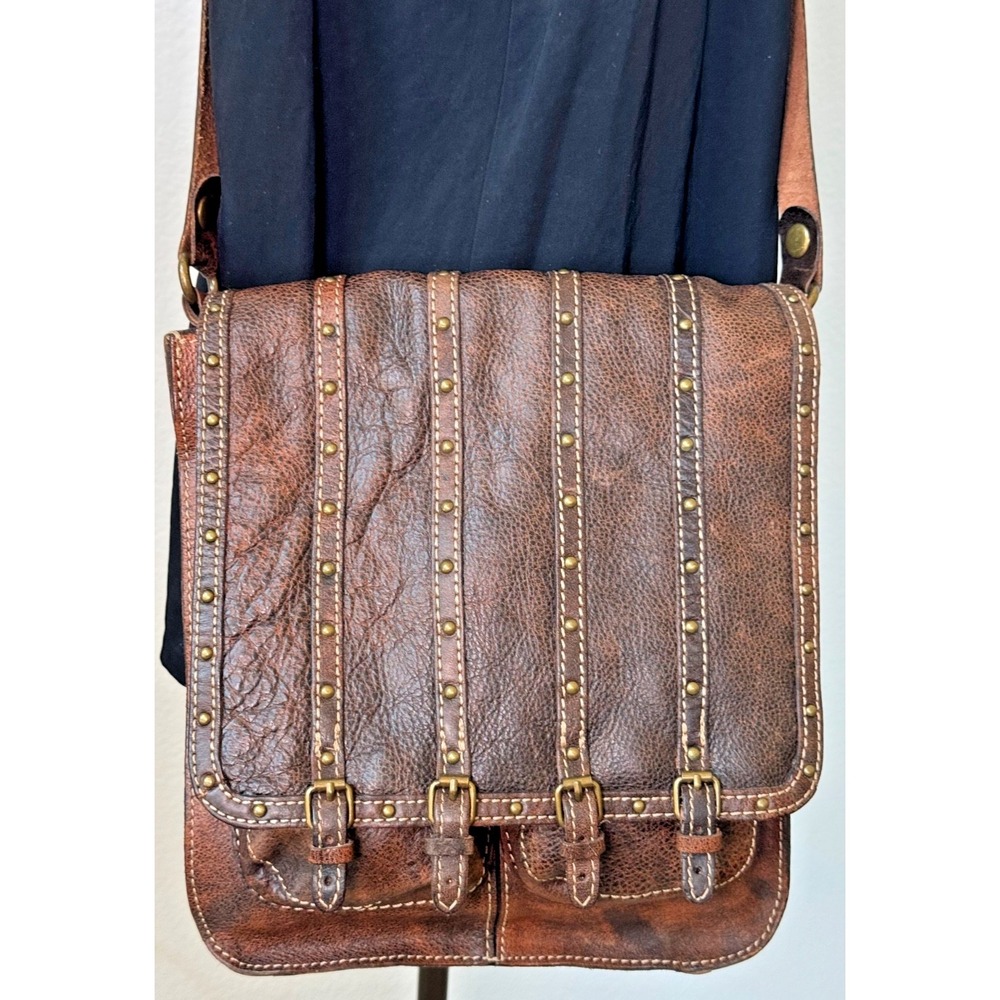 Patricia Nash Leather Crossbody Bag Dark Brown Studded Buckles Boho Messenger